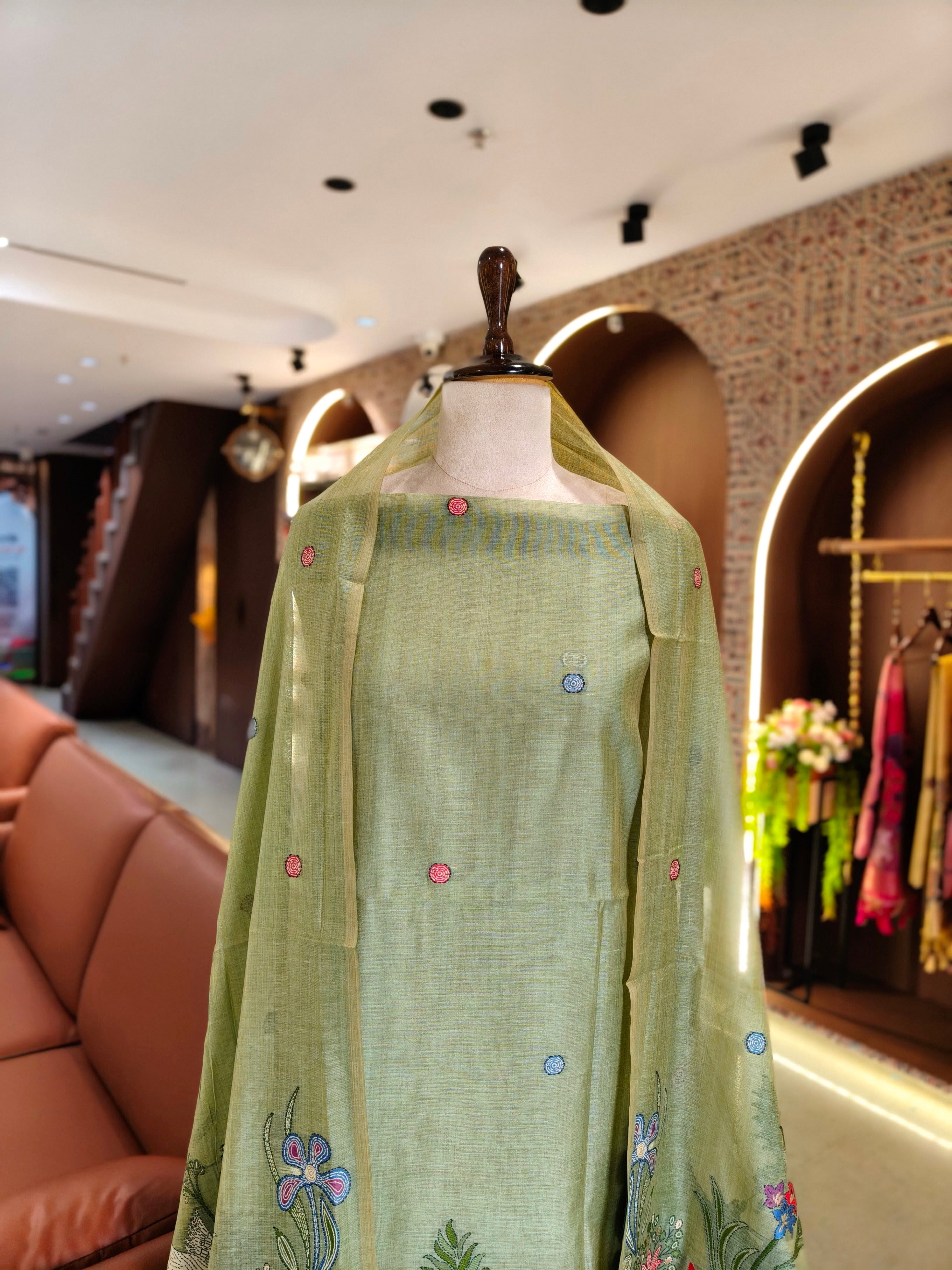 Muga Cotton Khadi Jamdani Unstitched Suit- Pista