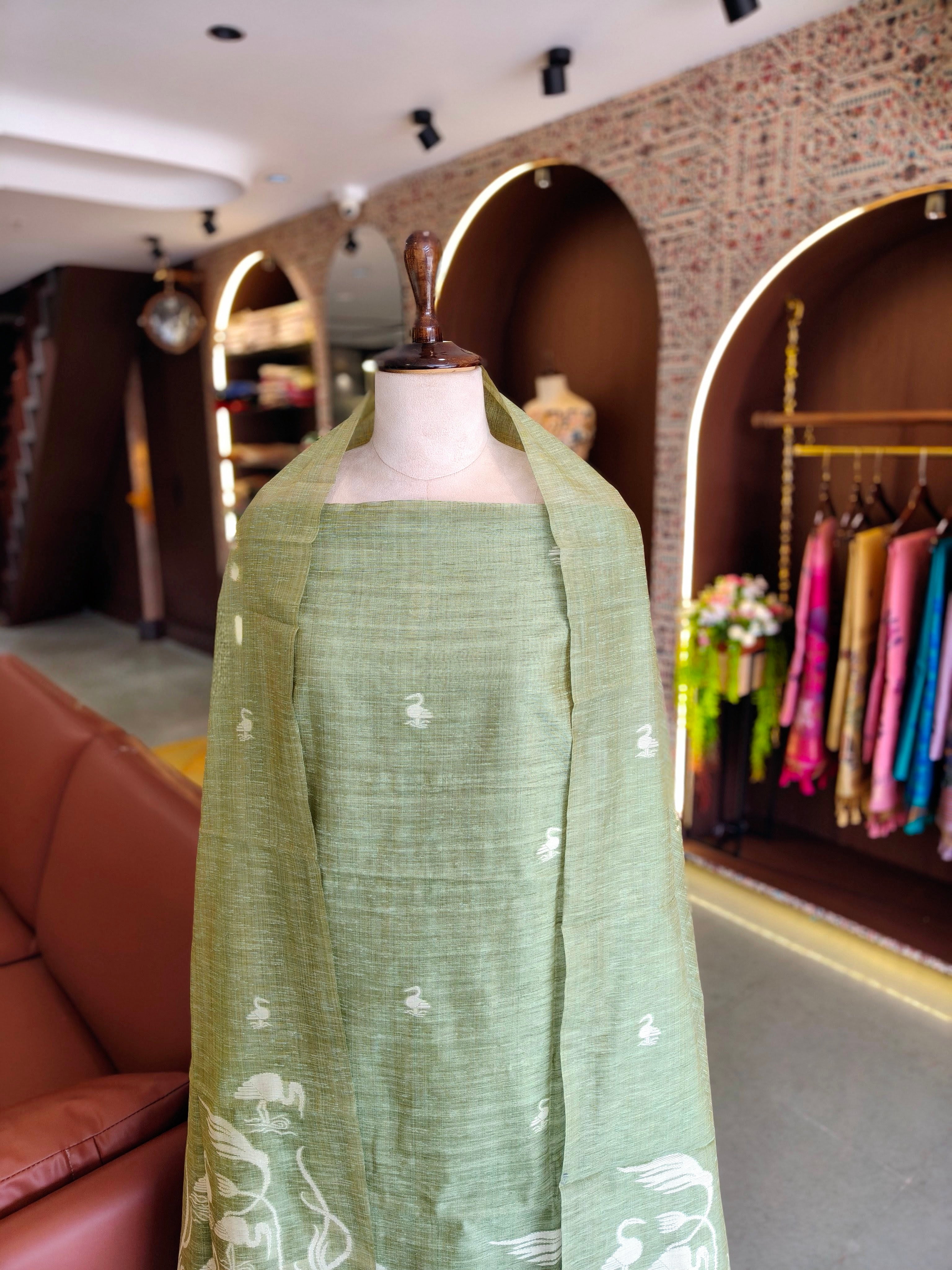 Premium Linen Silk Salwar Unstitched Suit- Pista