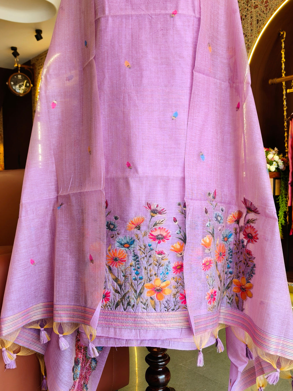 Muga Cotton Floral Unstitched Suit- Purple