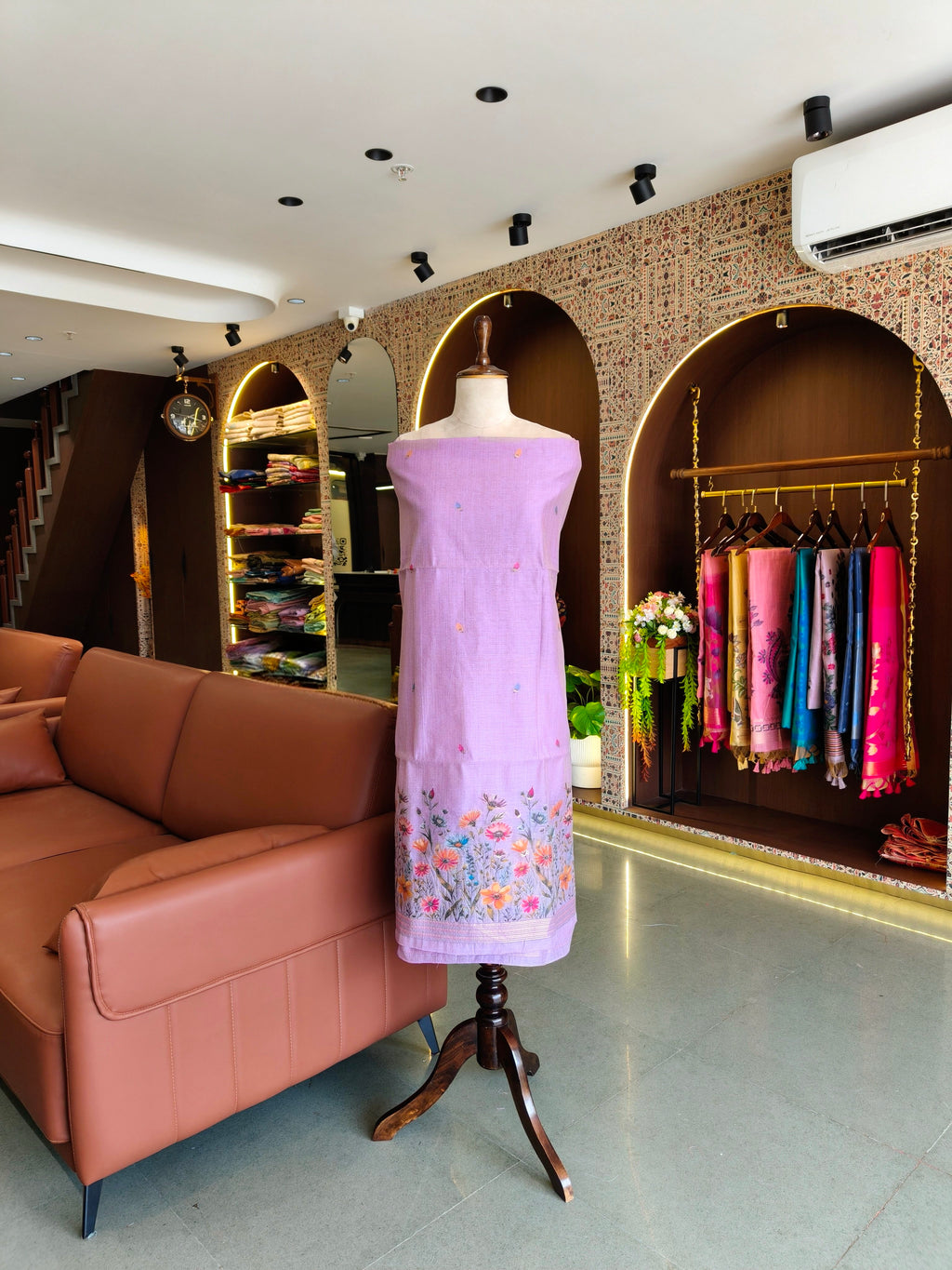 Muga Cotton Floral Unstitched Suit- Purple