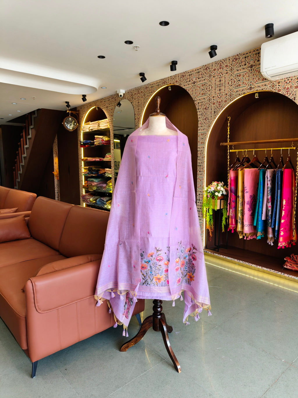 Muga Cotton Floral Unstitched Suit- Purple