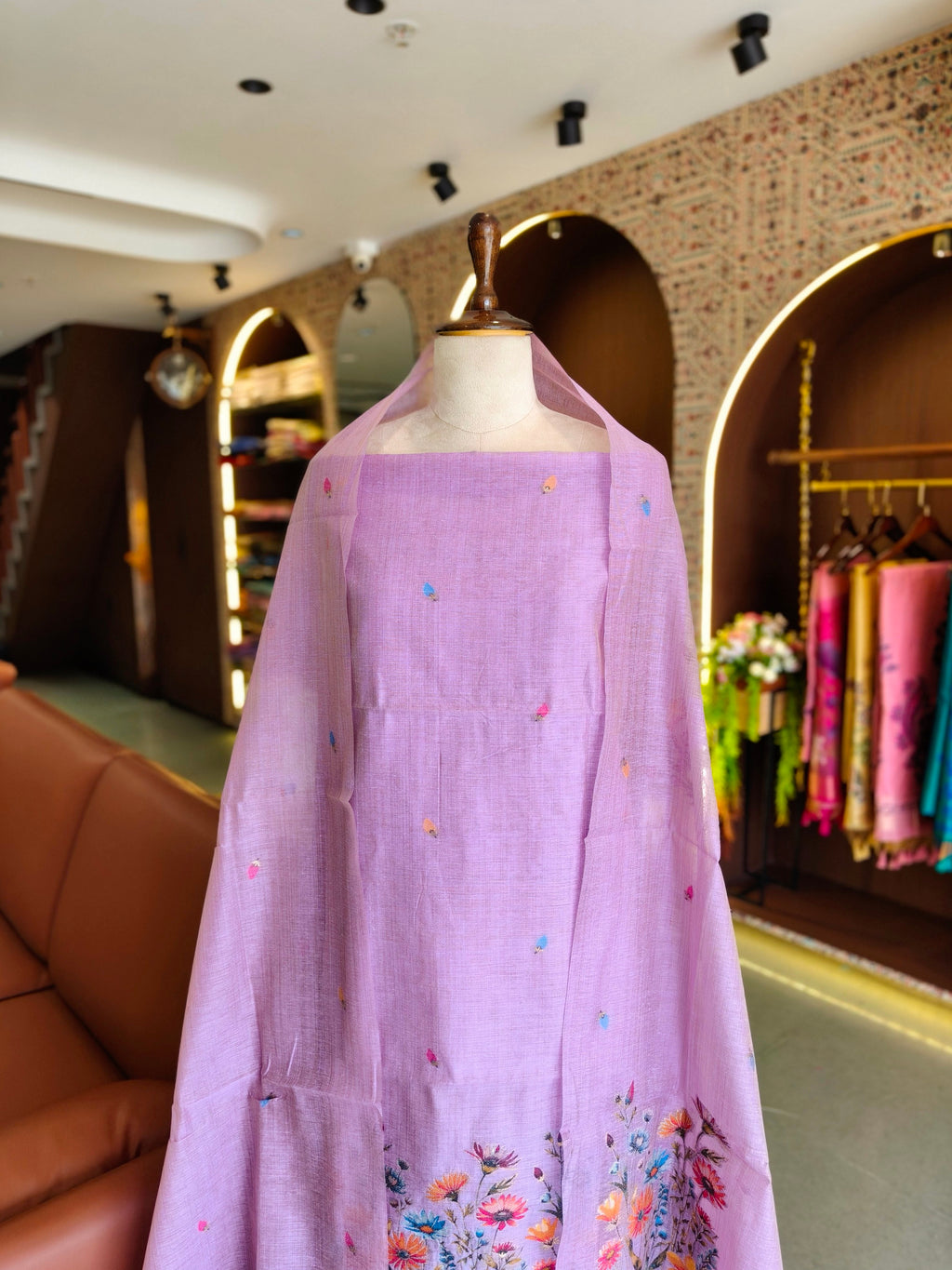 Muga Cotton Floral Unstitched Suit- Purple