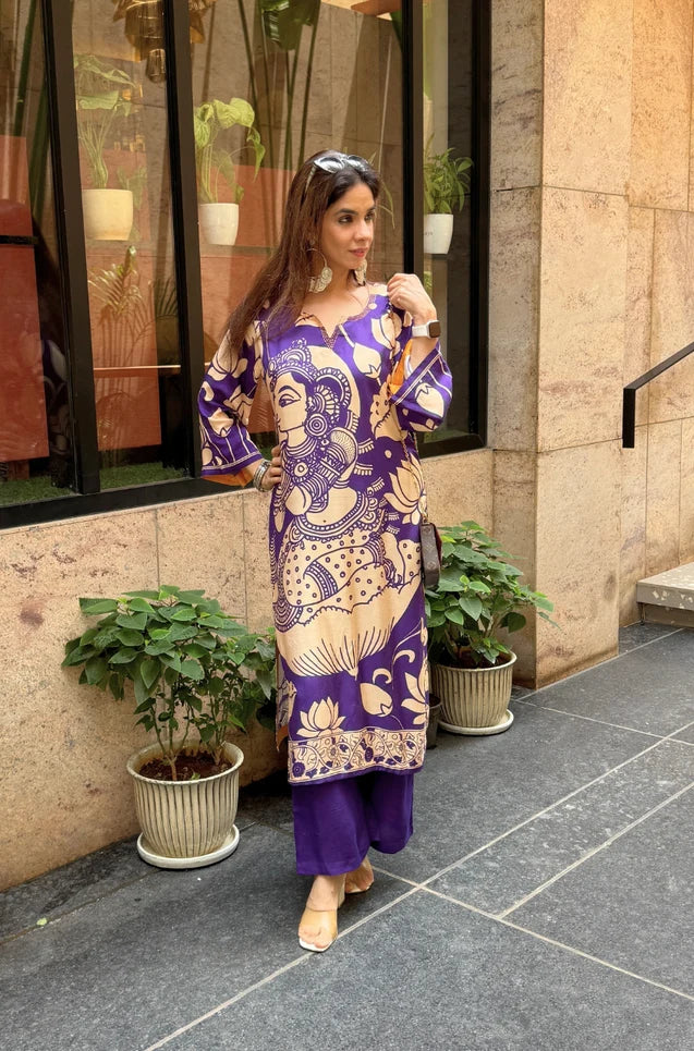 Folk Art Inspired Printed Straight Kurta Set With Pants - PURPLE