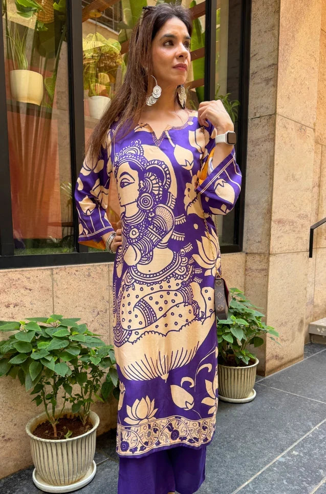 Folk Art Inspired Printed Straight Kurta Set With Pants - PURPLE