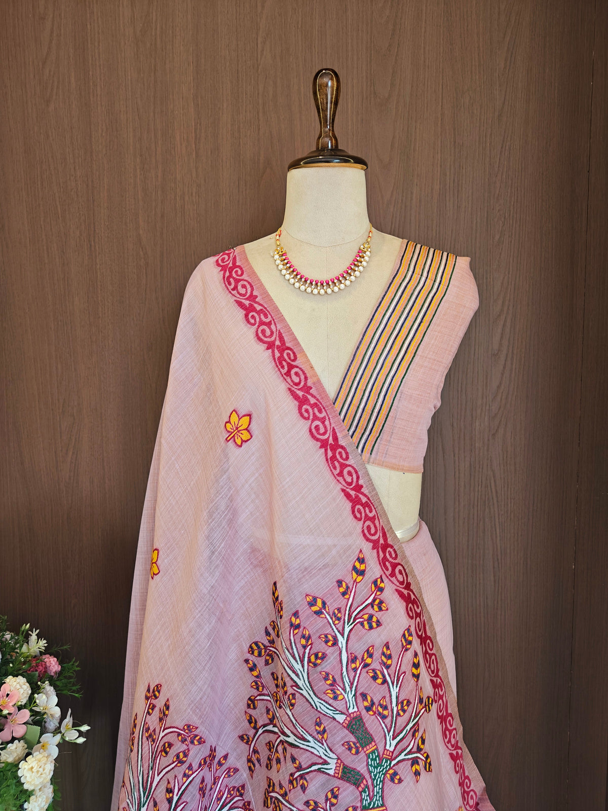 Designer Muga Cotton Saree with Warli Inspired Border-PURPLE