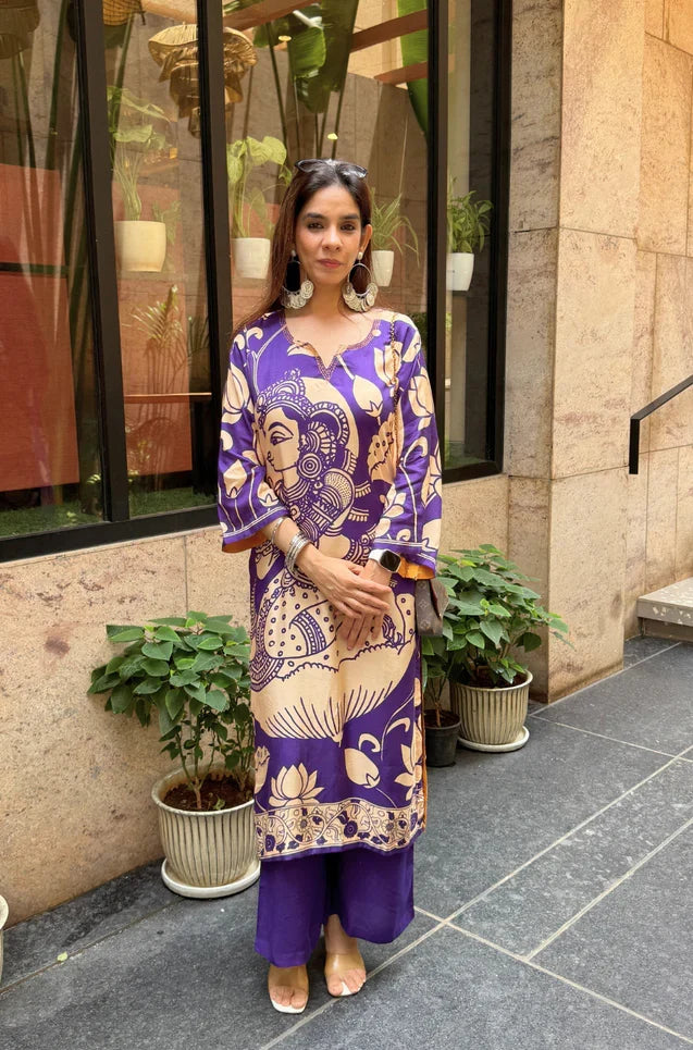 Folk Art Inspired Printed Straight Kurta Set With Pants - PURPLE