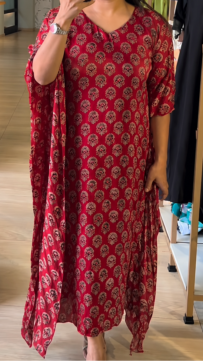 Modal Silk Ajrakh Printed Kaftan- RED
