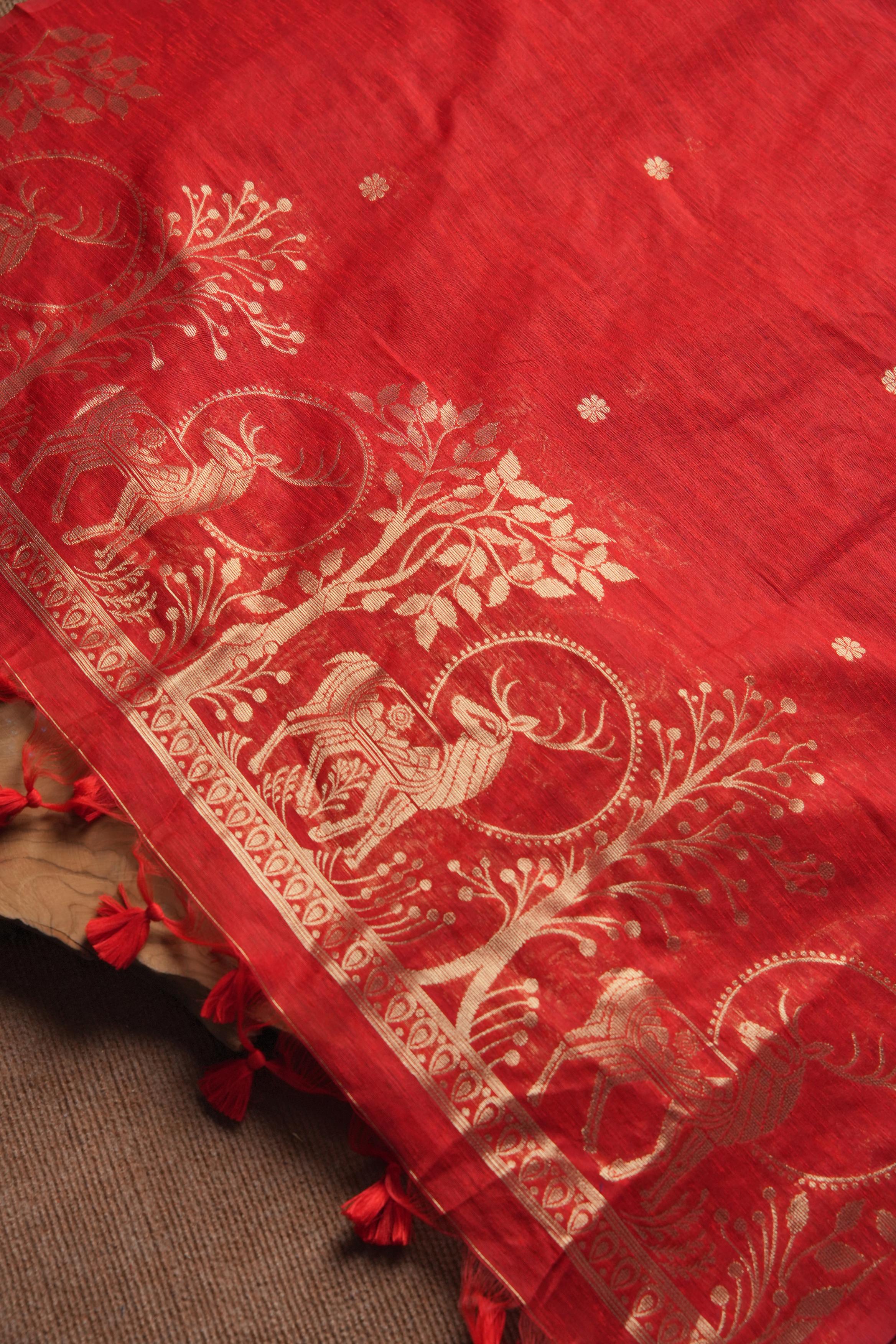 Linen Muslin Golden Zari Unstitched Suit-Red