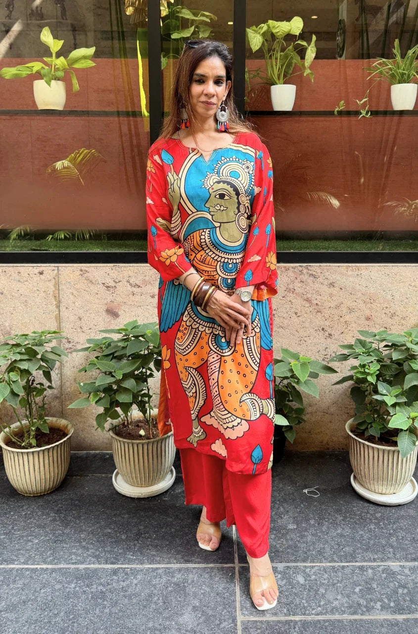 Folk Art Inspired Printed Straight Kurta & Pants Set - RED