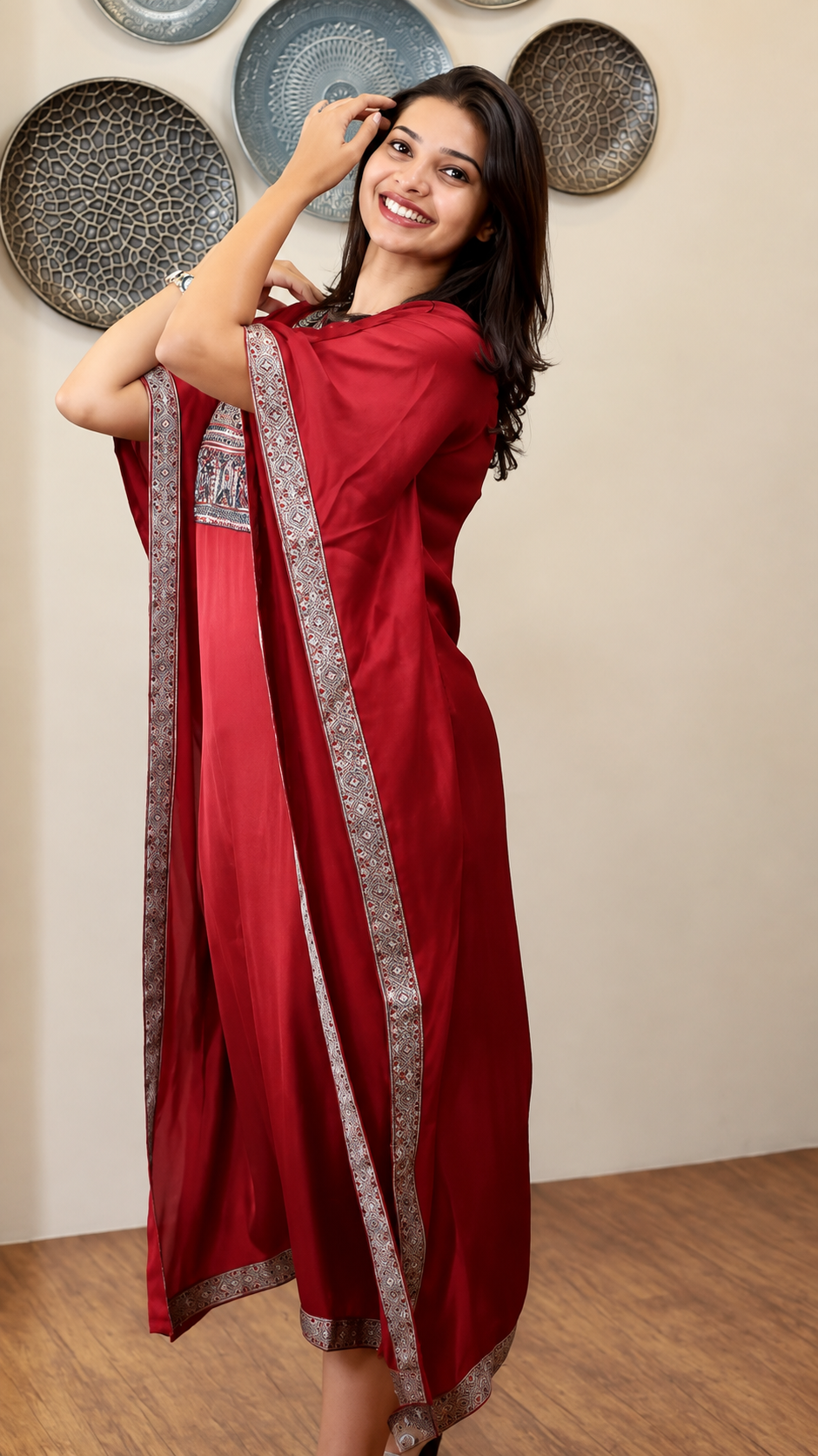 Ajrakh Inspired Modal Silk Kaftan - RED