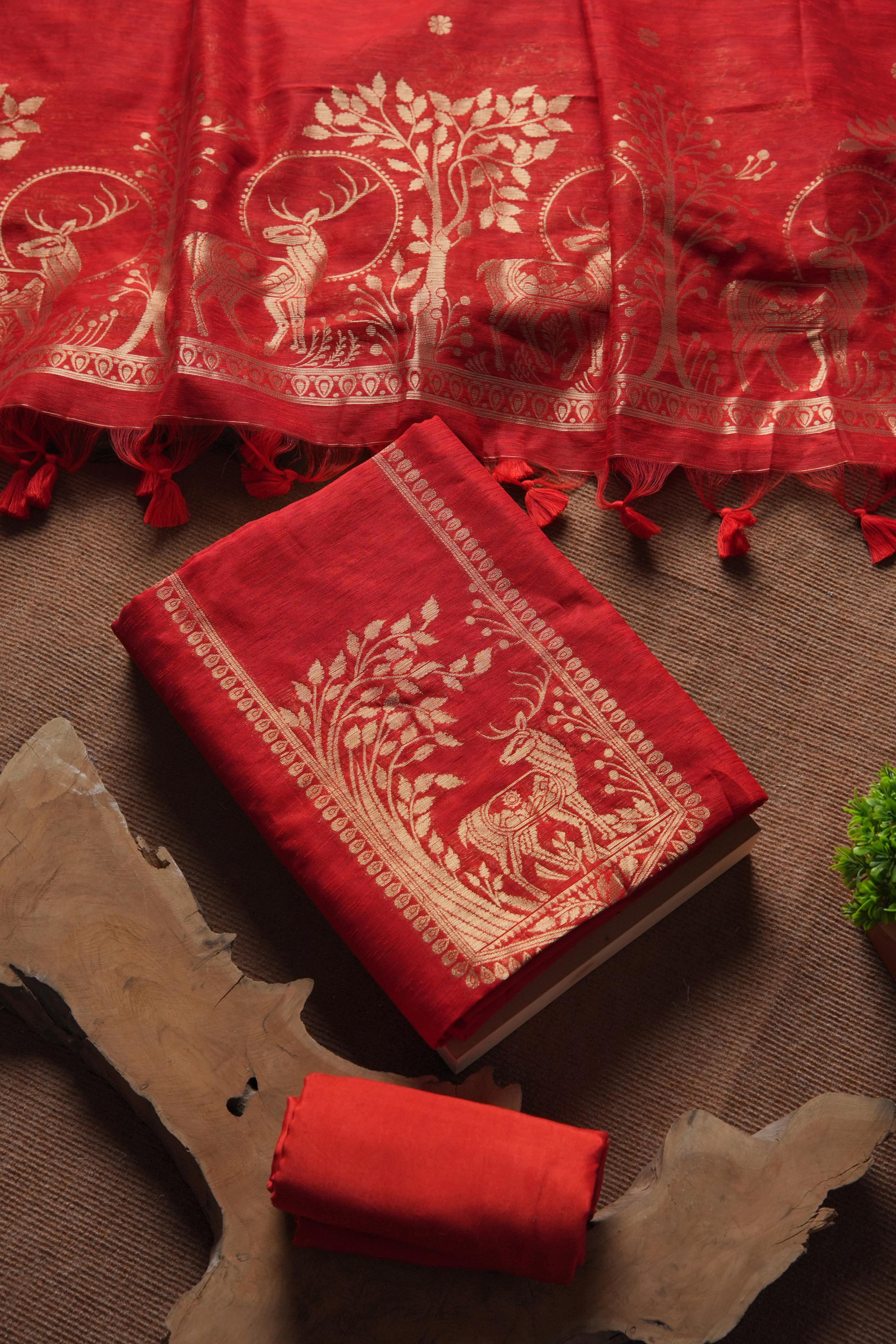 Linen Muslin Golden Zari Unstitched Suit-Red