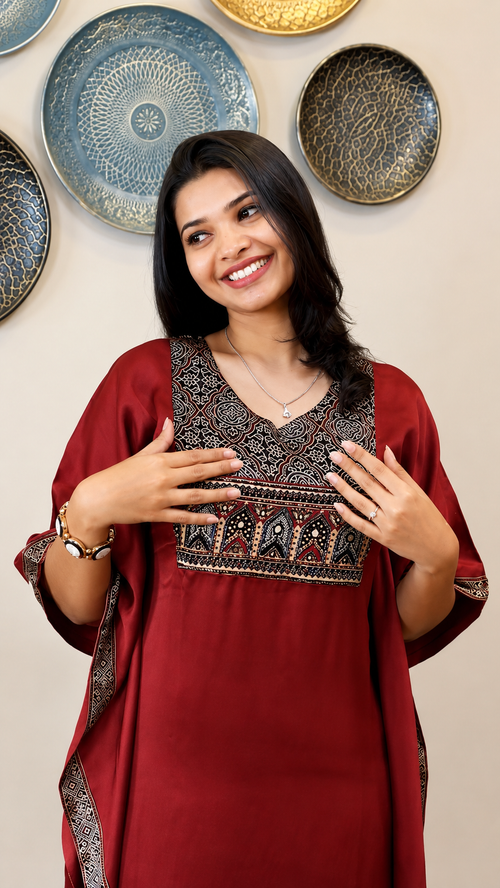 Ajrakh Inspired Modal Silk Kaftan - RED
