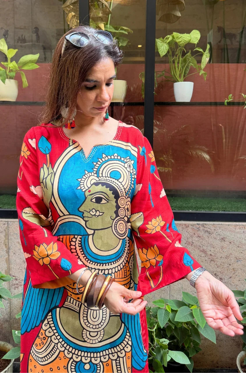 Folk Art Inspired Printed Straight Kurta & Pants Set - RED