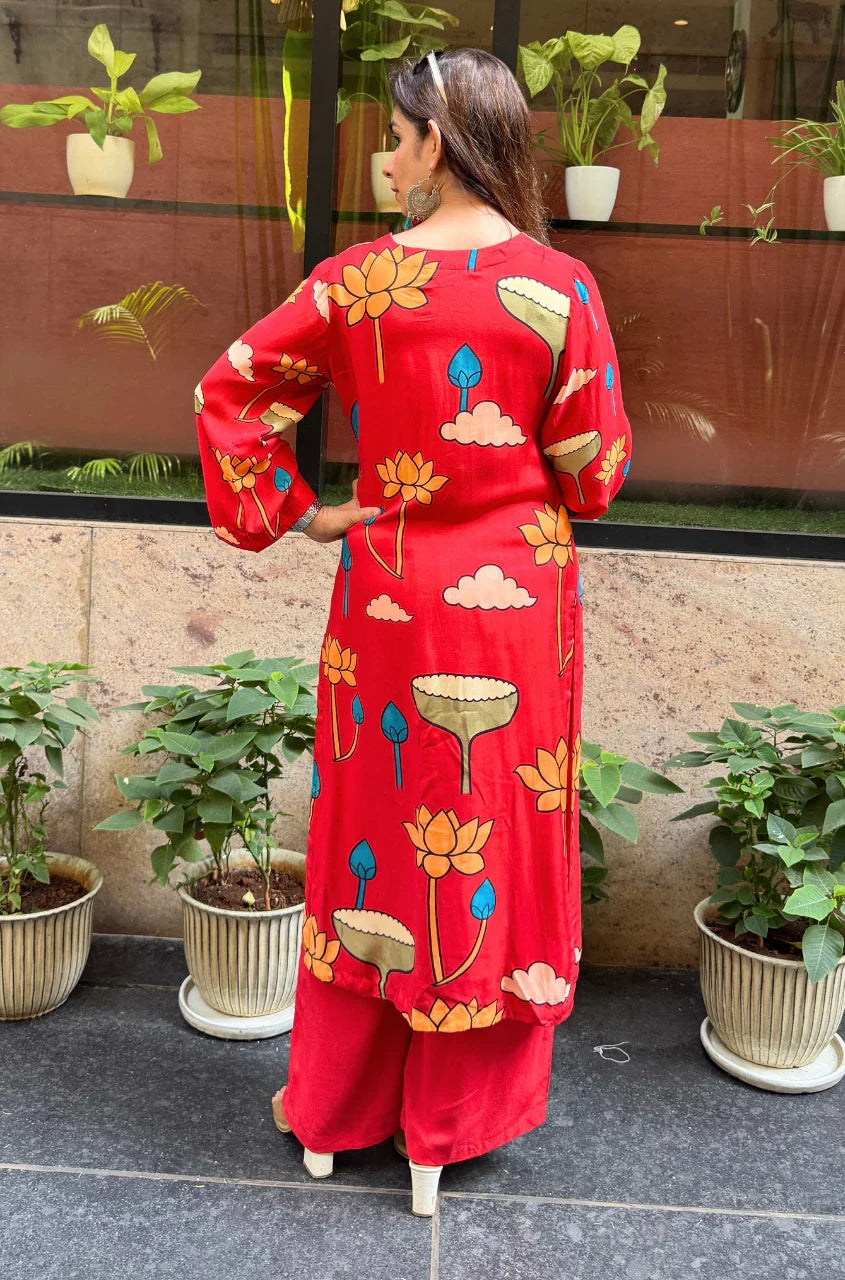 Folk Art Inspired Printed Straight Kurta & Pants Set - RED