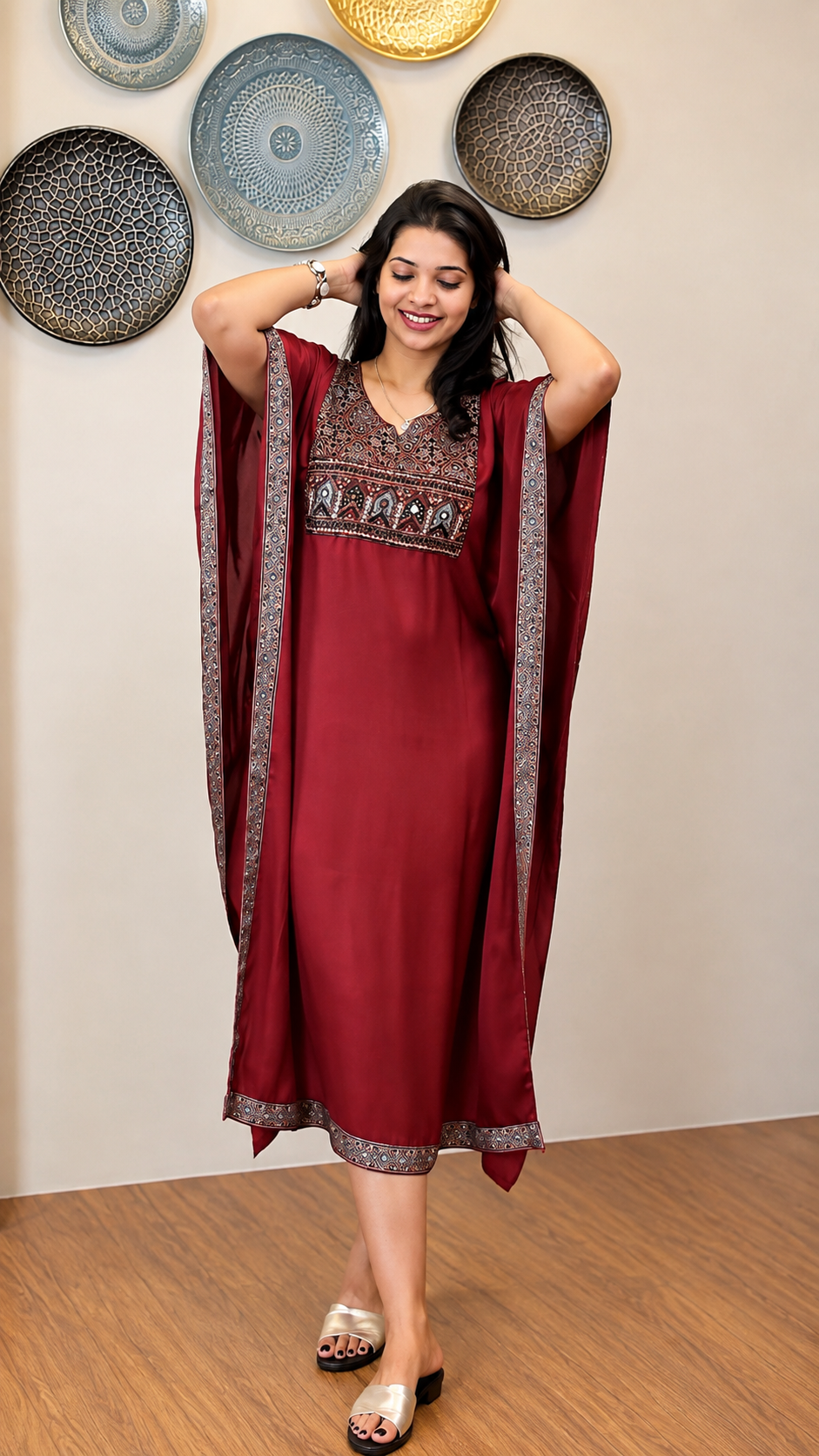 Ajrakh Inspired Modal Silk Kaftan - RED
