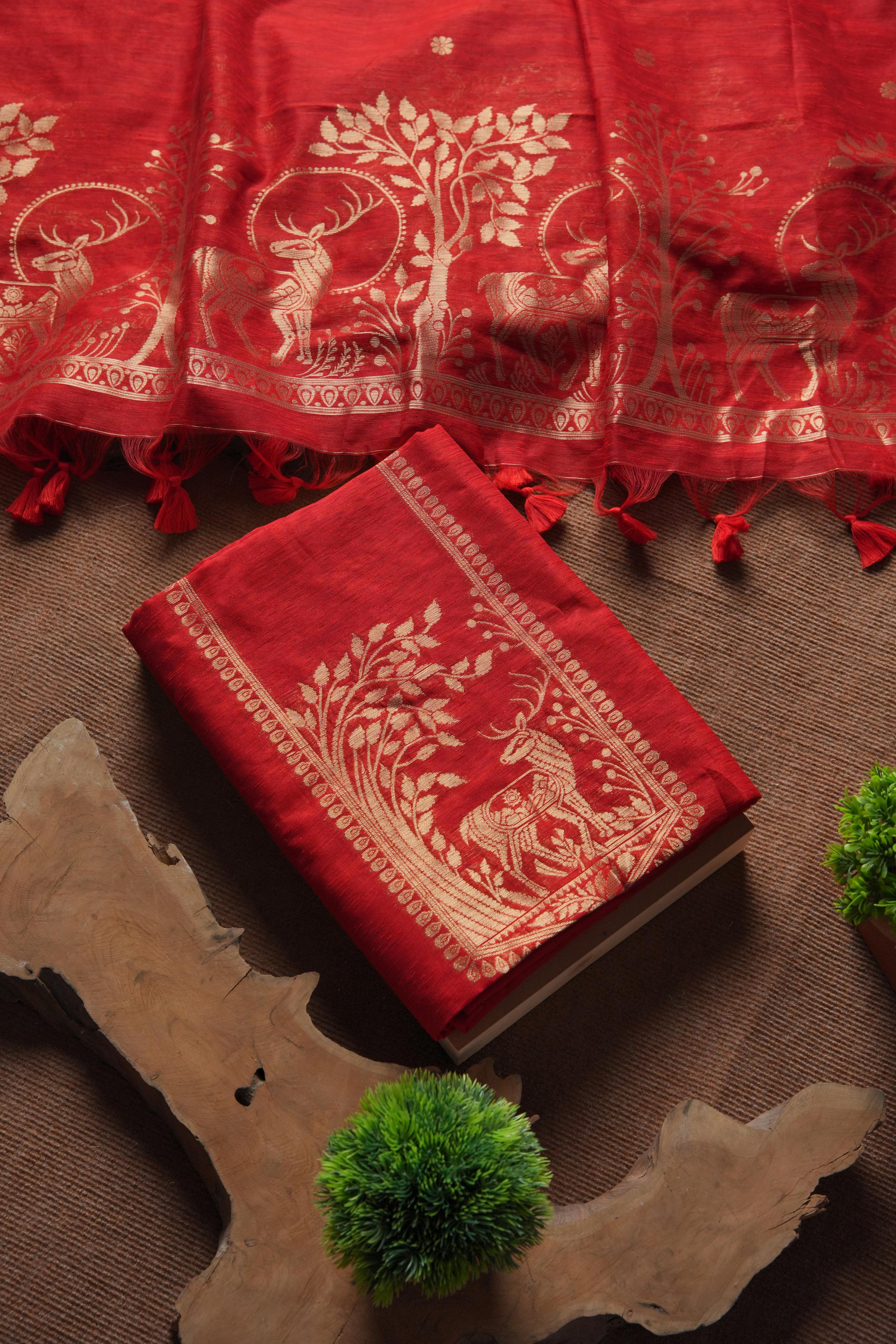 Linen Muslin Golden Zari Unstitched Suit-Red