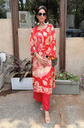 Folk Art Inspired Printed Straight Kurta Set With Pants - RED