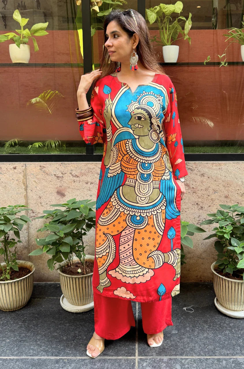 Folk Art Inspired Printed Straight Kurta & Pants Set - RED