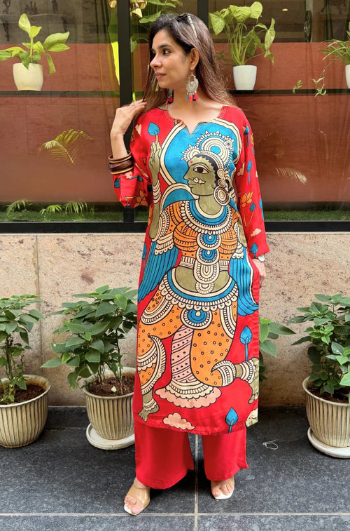 Folk Art Inspired Printed Straight Kurta & Pants Set - RED