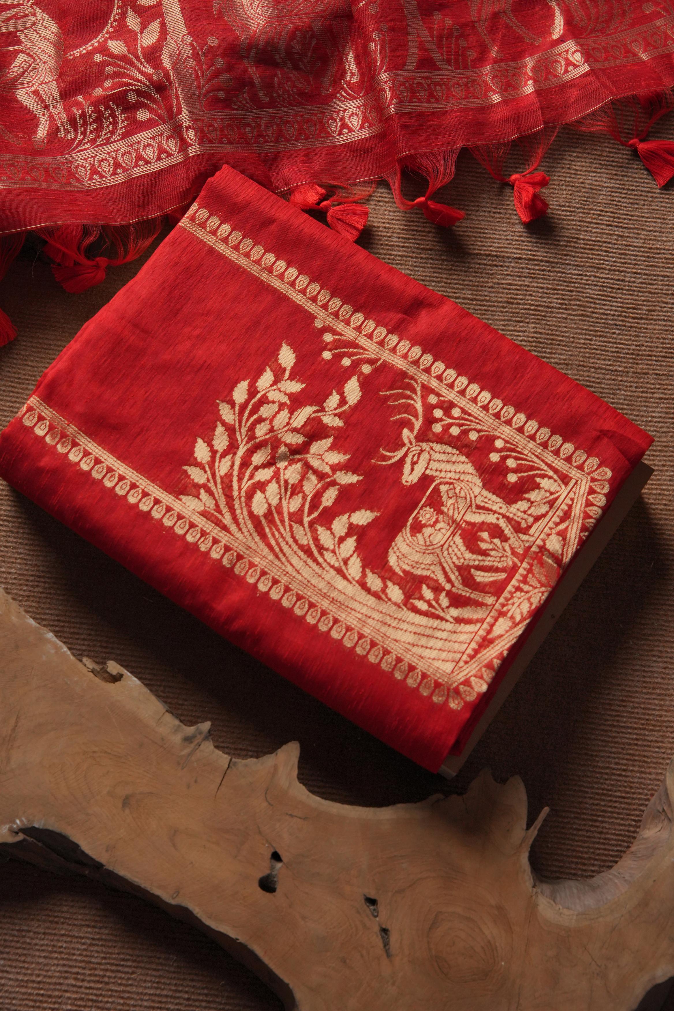 Linen Muslin Golden Zari Unstitched Suit-Red