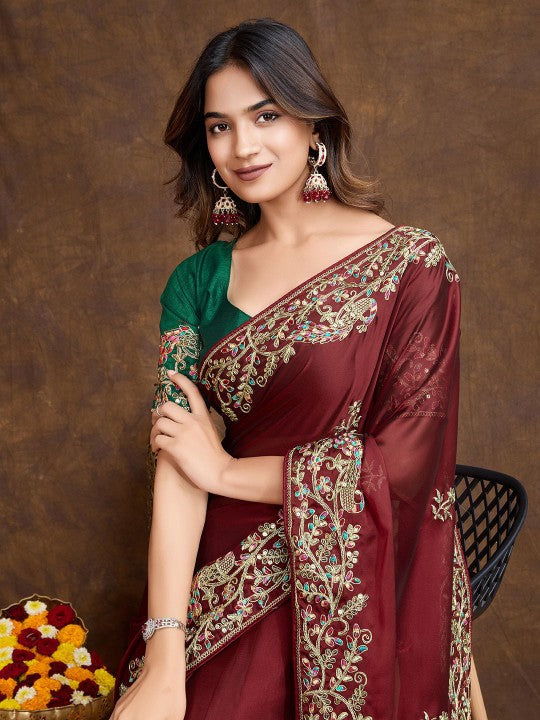 Floral Embroidered Saree with Blouse Piece