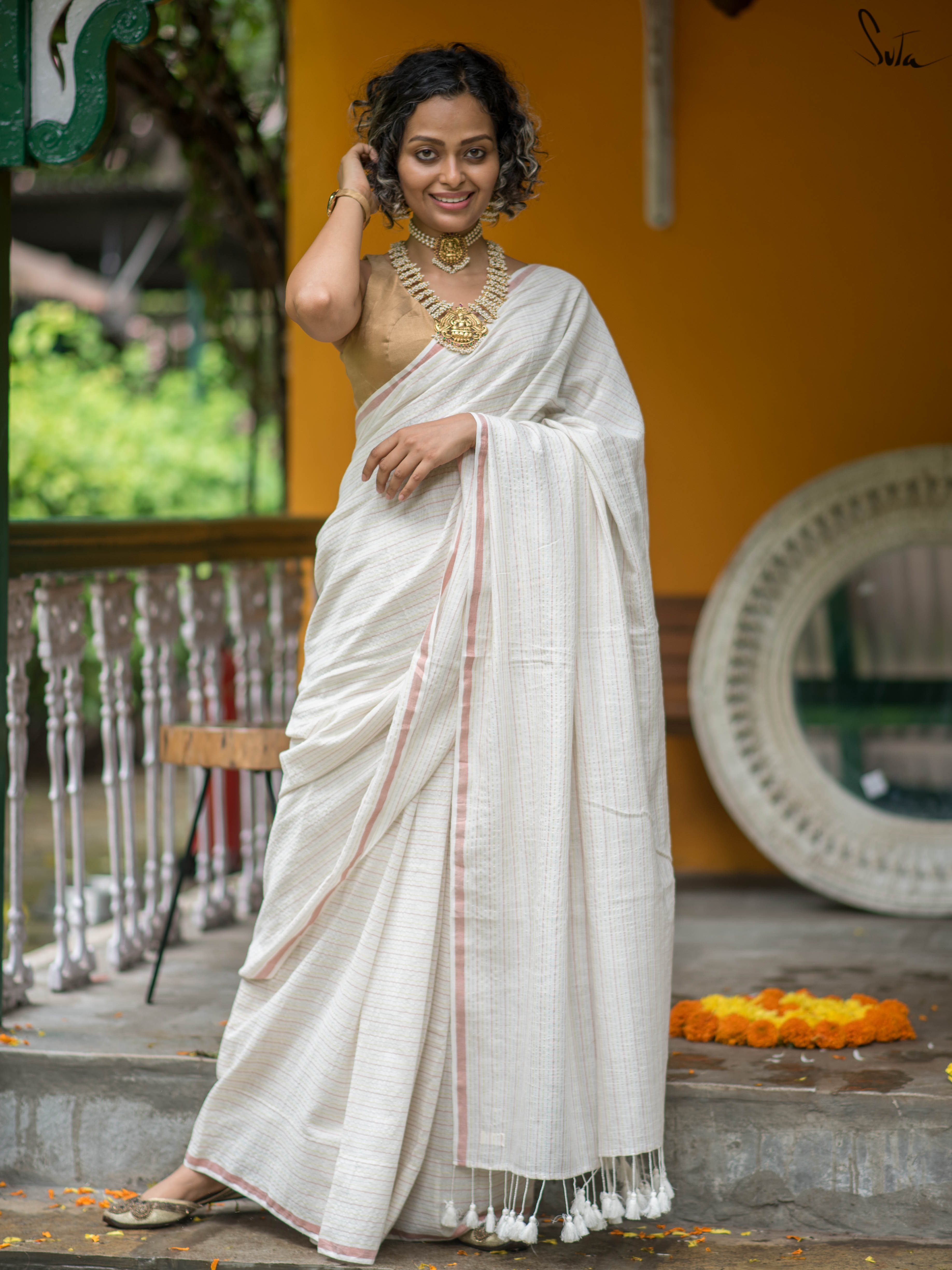 White Soft Cotton Tassels And Stripes Kasavu Onam Saree With Zari Border