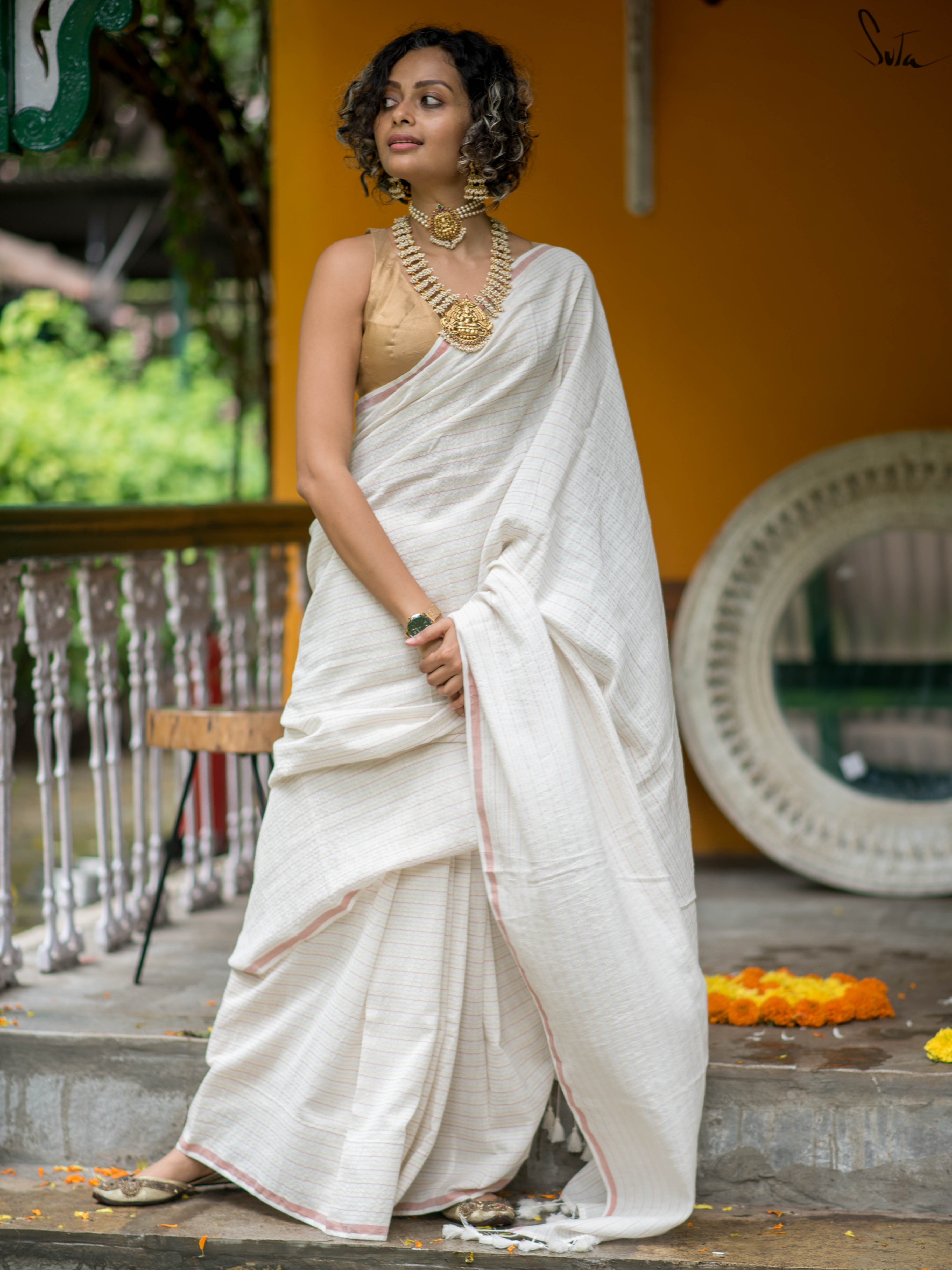 White Soft Cotton Tassels And Stripes Kasavu Onam Saree With Zari Border