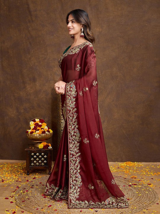 Floral Embroidered Saree with Blouse Piece