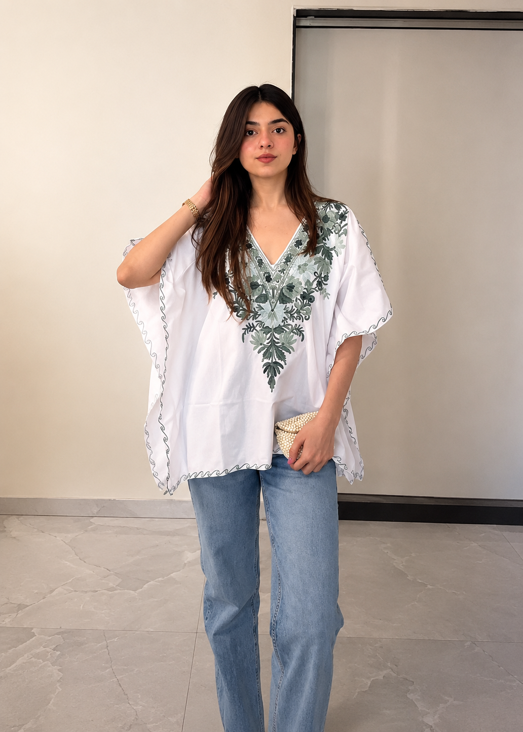 Floral Elegance Kaftan Tunic - WHITE