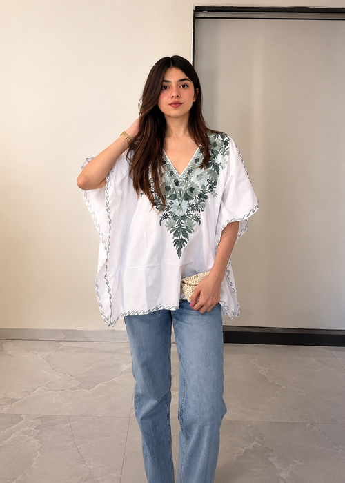 Floral Elegance Kaftan Tunic - WHITE