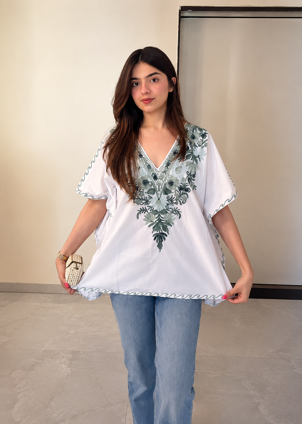 Floral Elegance Kaftan Tunic - WHITE
