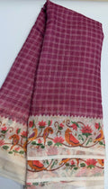 Premium Linen Cotton Saree with Floral Printed Border - WINE