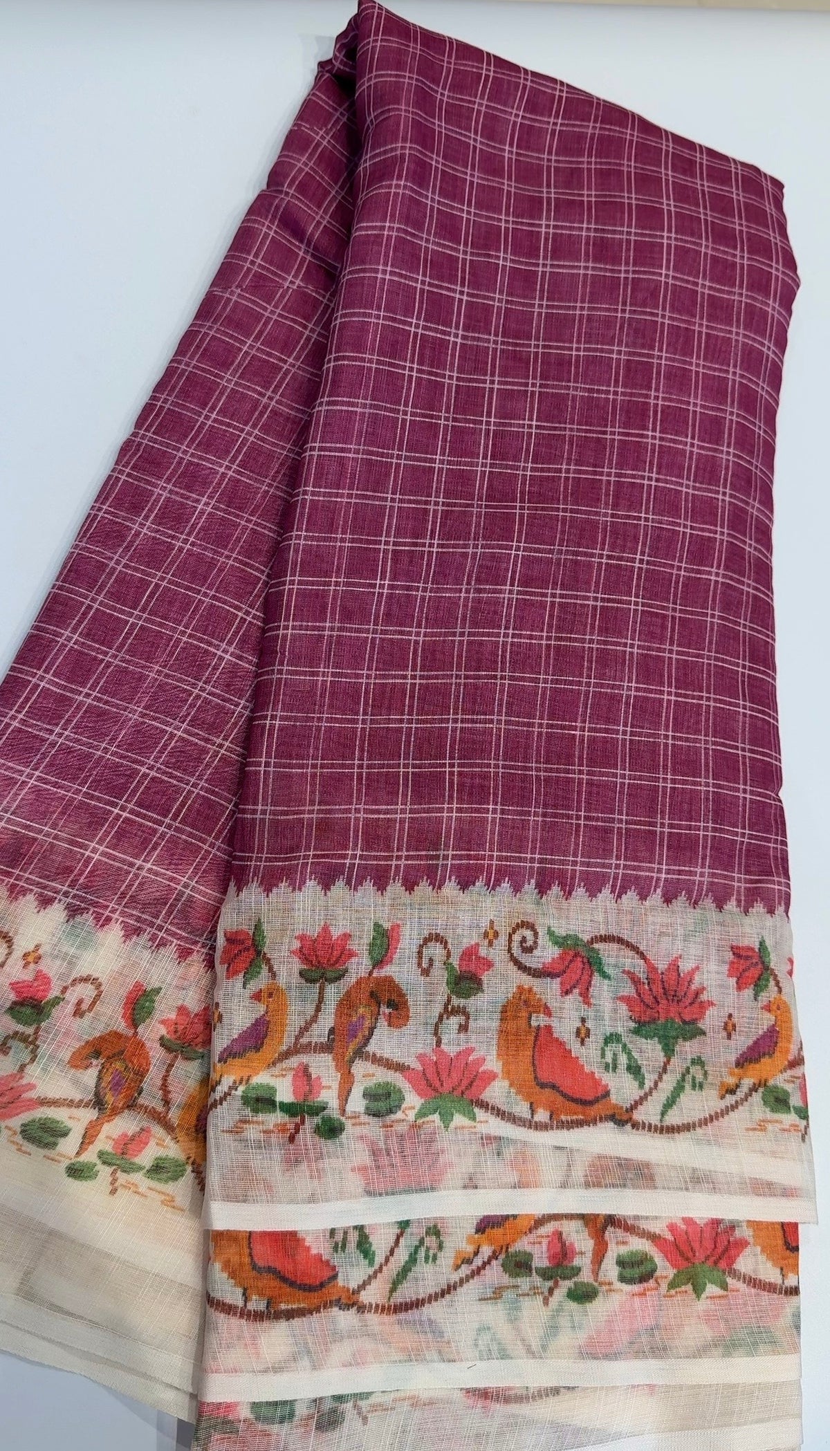 Premium Linen Cotton Saree with Floral Printed Border - WINE