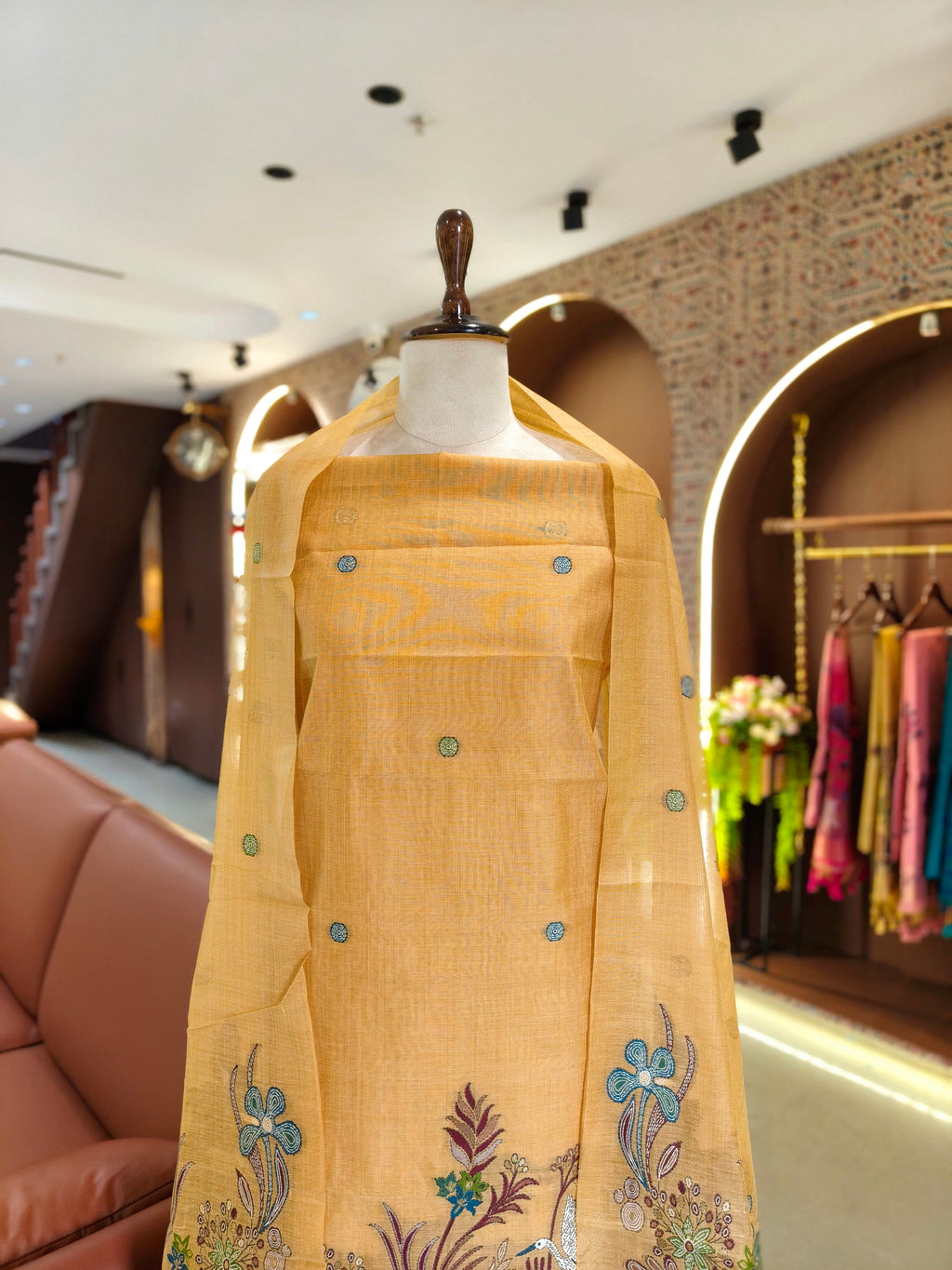 Muga Cotton Khadi Jamdani Unstitched Suit- Yellow