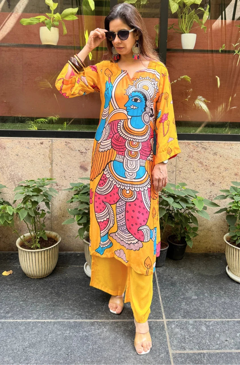 Folk Art Inspired Printed Straight Kurta & Pants Set - YELLOW