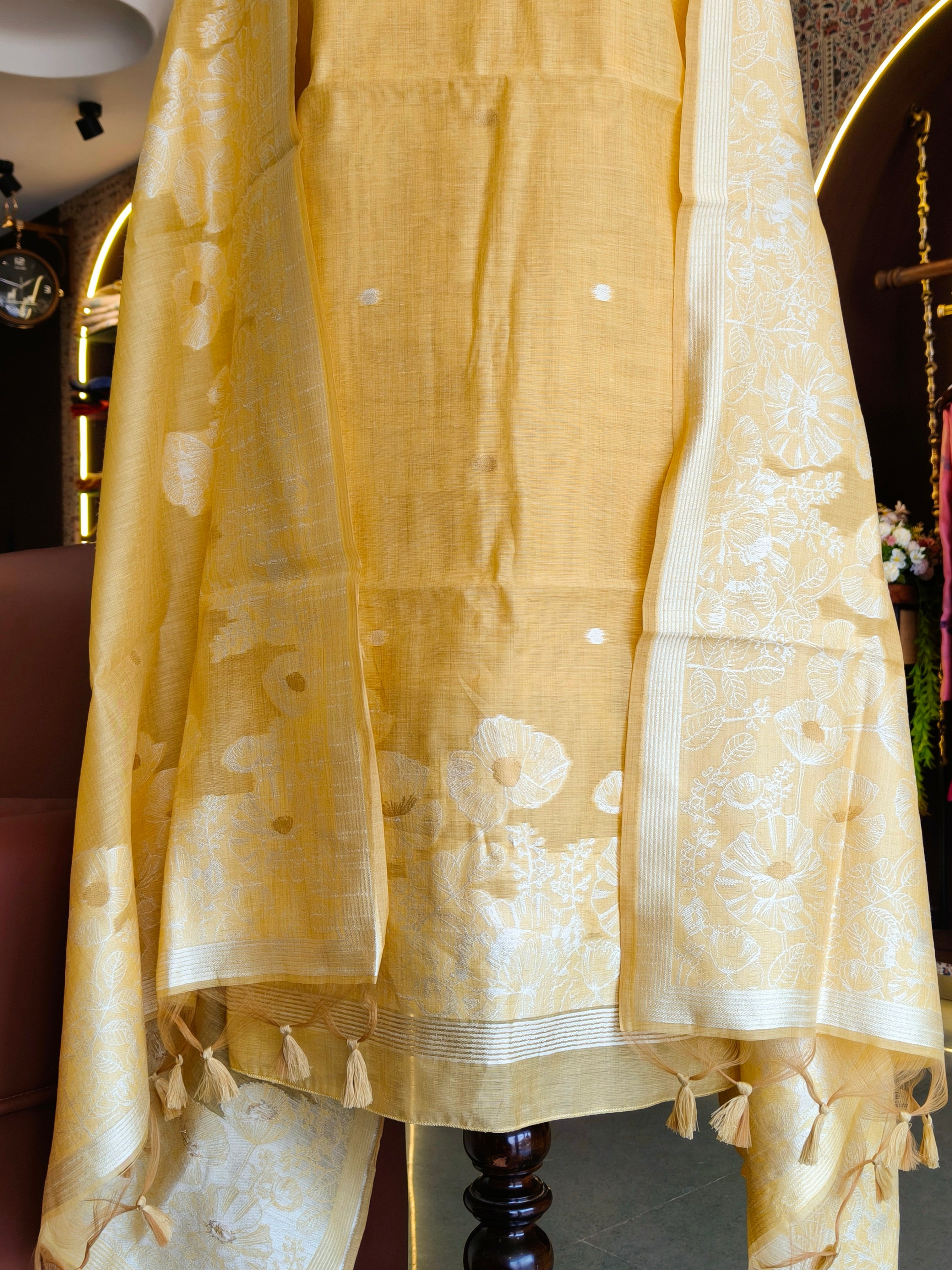 Premium Muga Cotton Unstitched Suit- Yellow