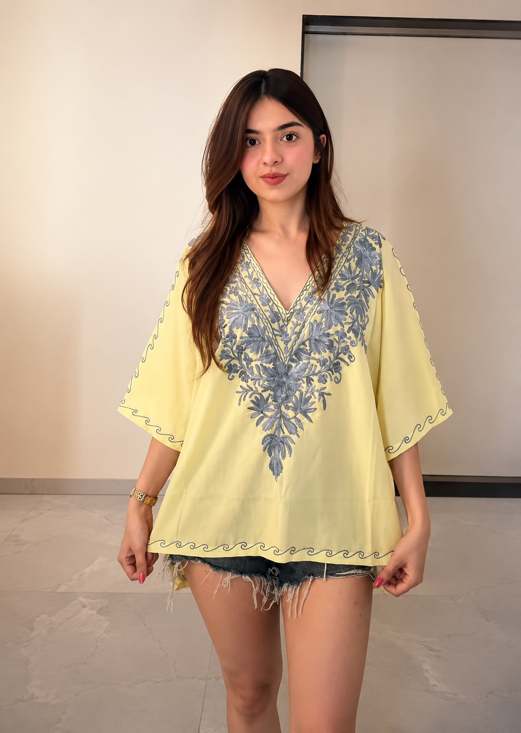 Floral Elegance Kaftan Tunic - YELLOW