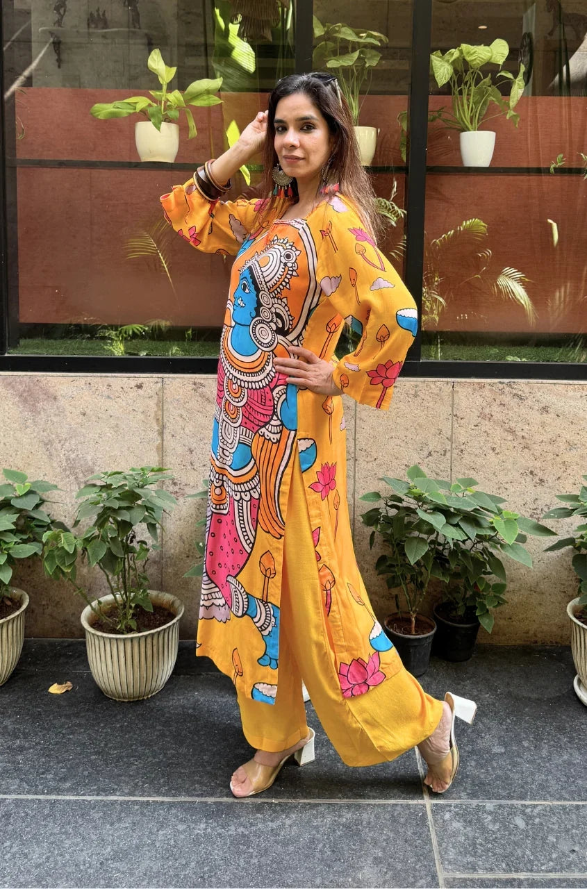 Folk Art Inspired Printed Straight Kurta & Pants Set - YELLOW