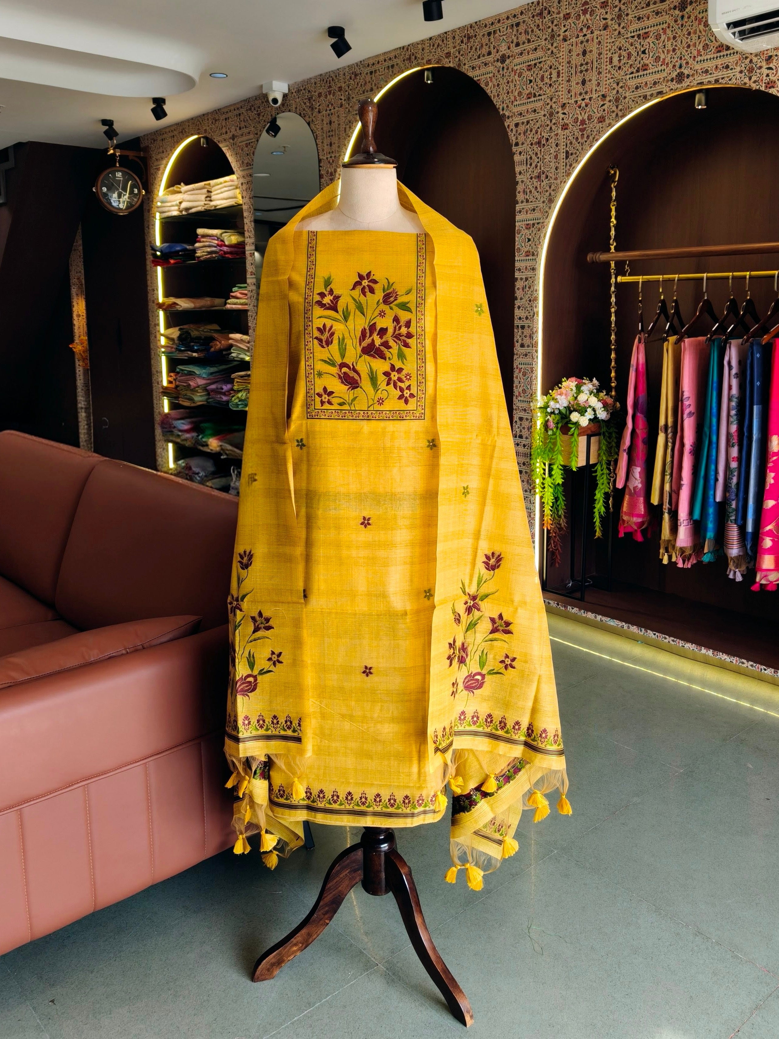 Gicha Cotton Floral Unstitched Suit- Yellow