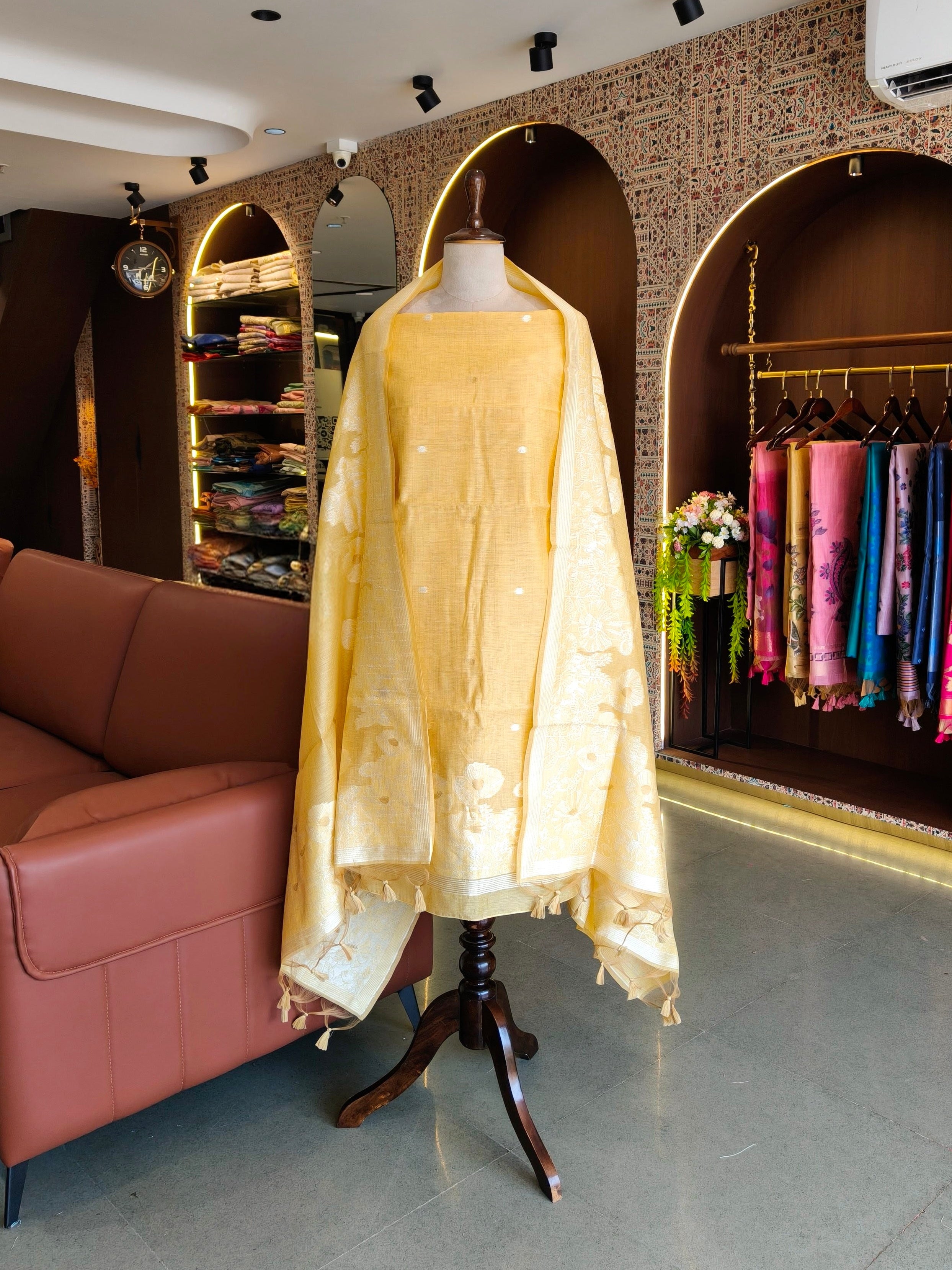 Premium Muga Cotton Unstitched Suit- Yellow