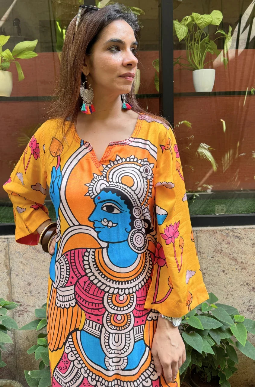 Folk Art Inspired Printed Straight Kurta & Pants Set - YELLOW