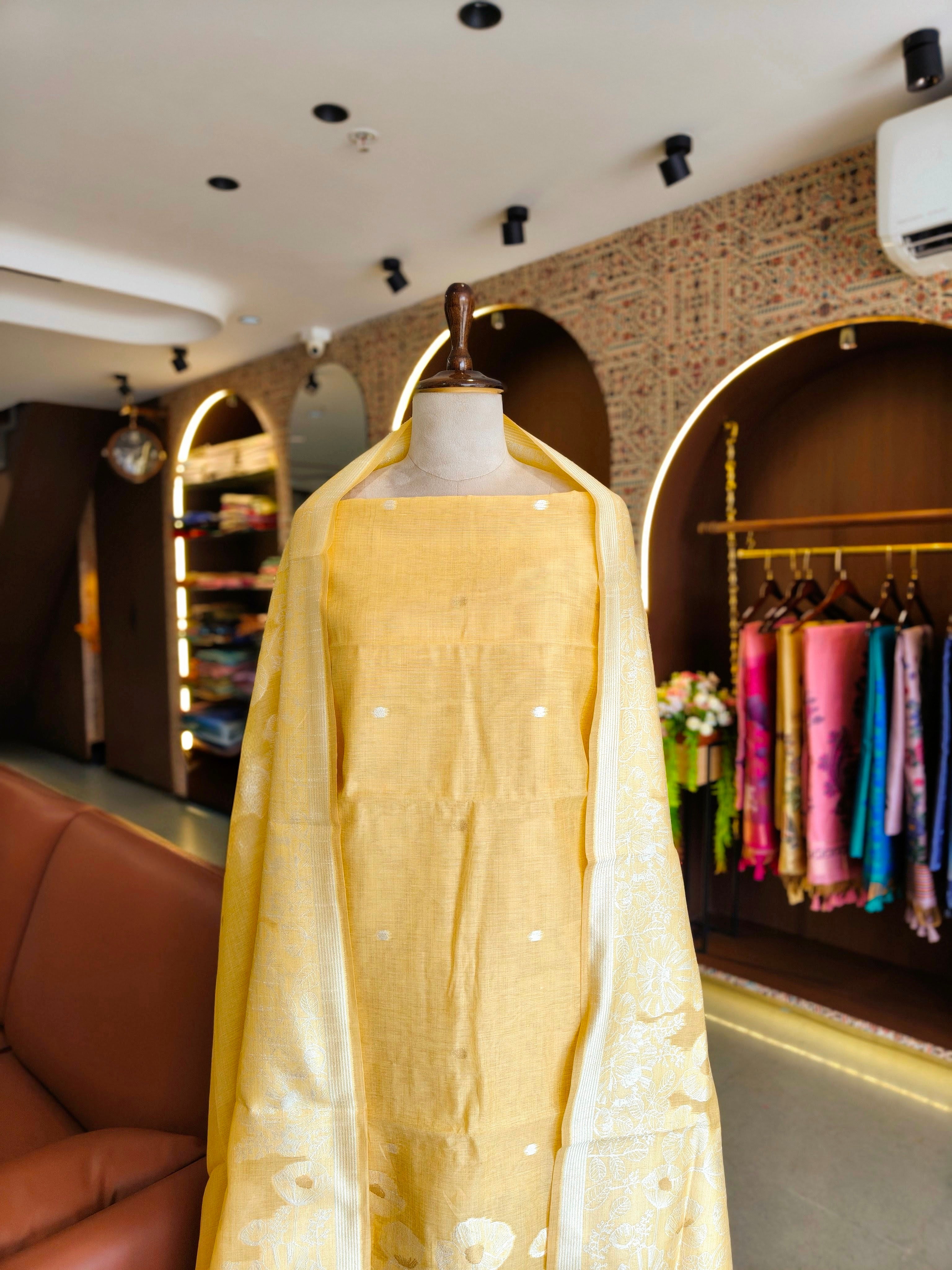 Premium Muga Cotton Unstitched Suit- Yellow