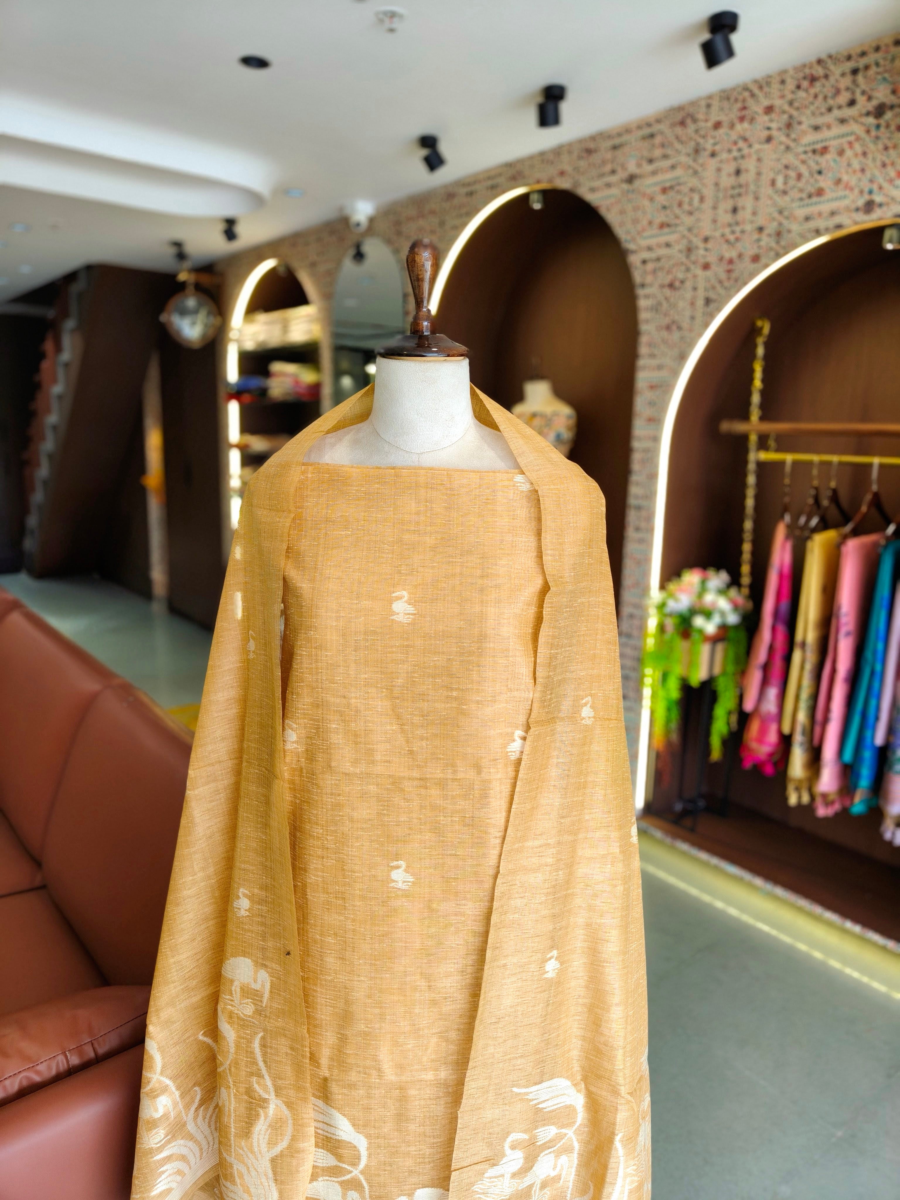 Premium Linen Silk Salwar Unstitched Suit- Yellow