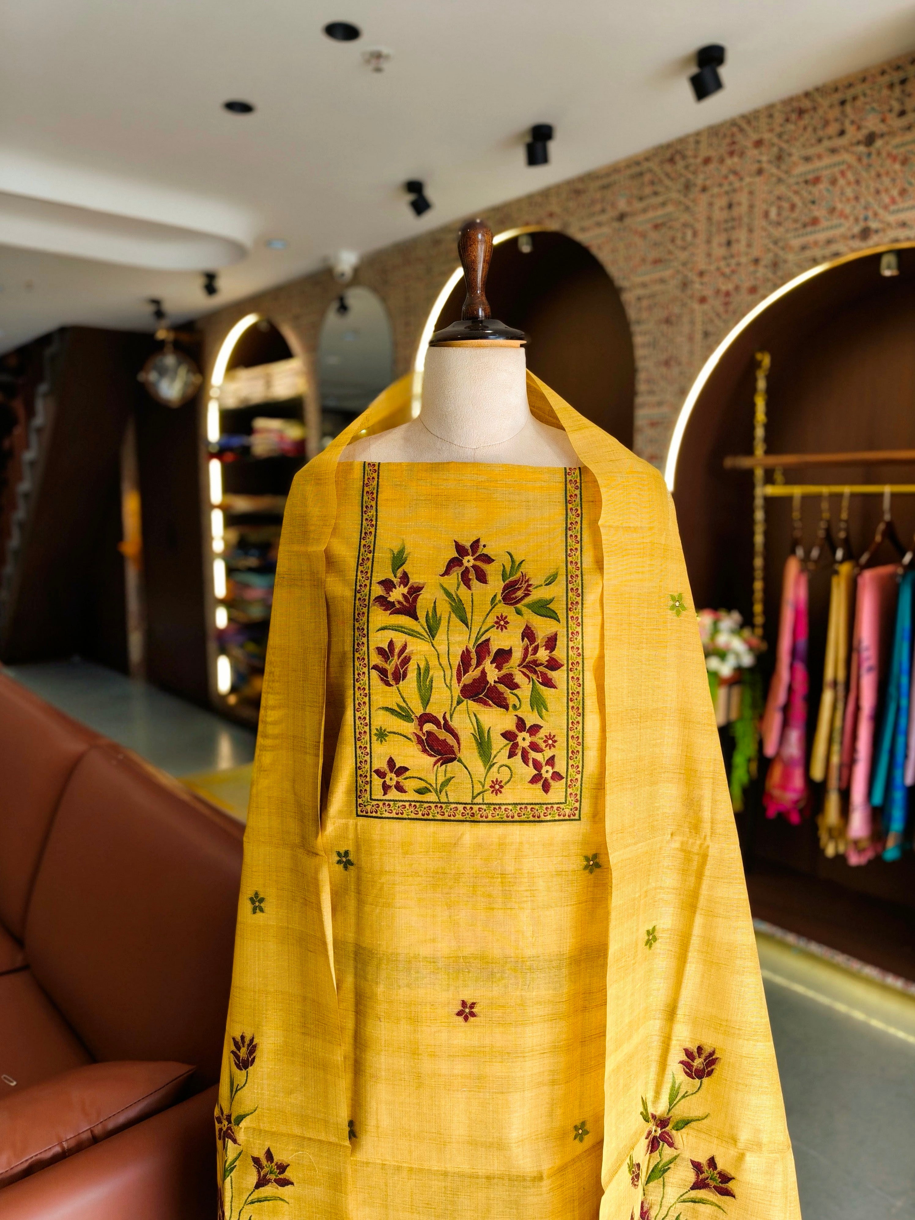 Gicha Cotton Floral Unstitched Suit- Yellow