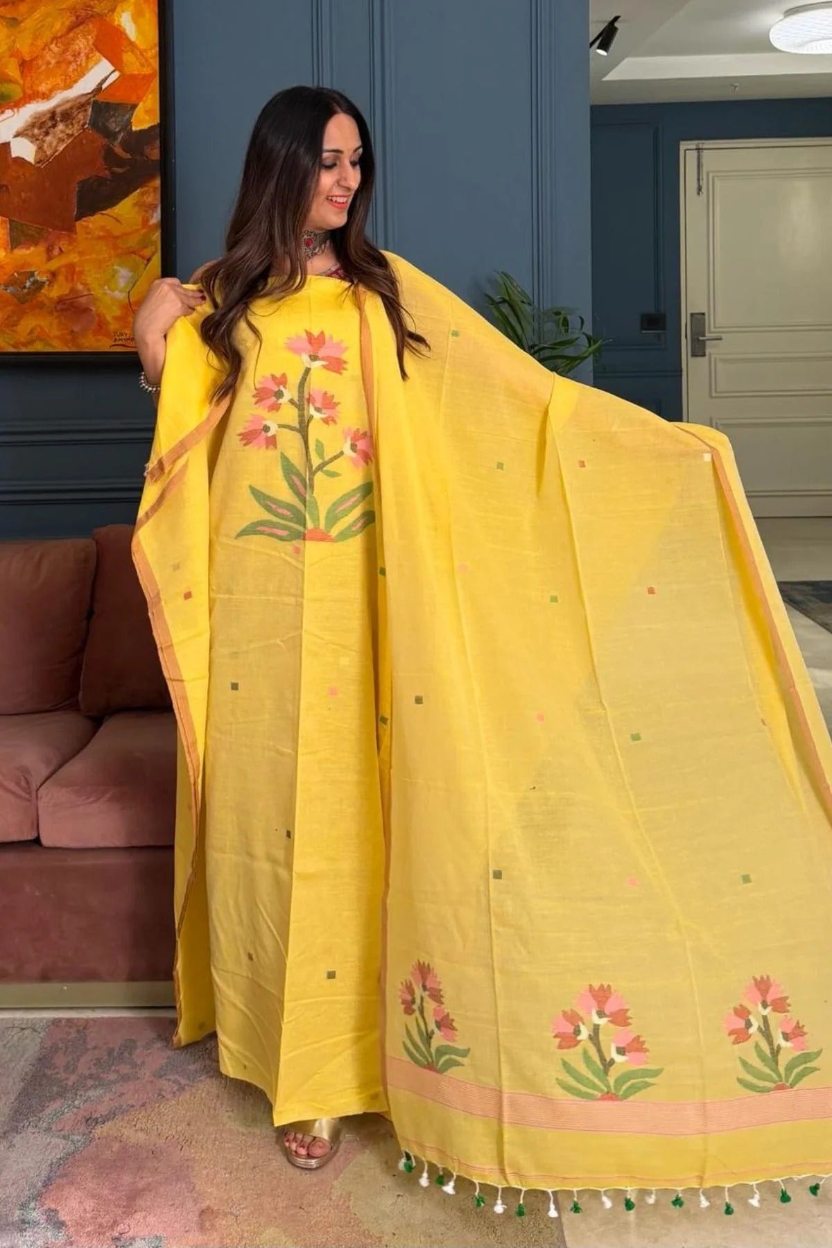 Pure Muga Cotton Jamndani Floral Woven Unstitched Suit - Yellow