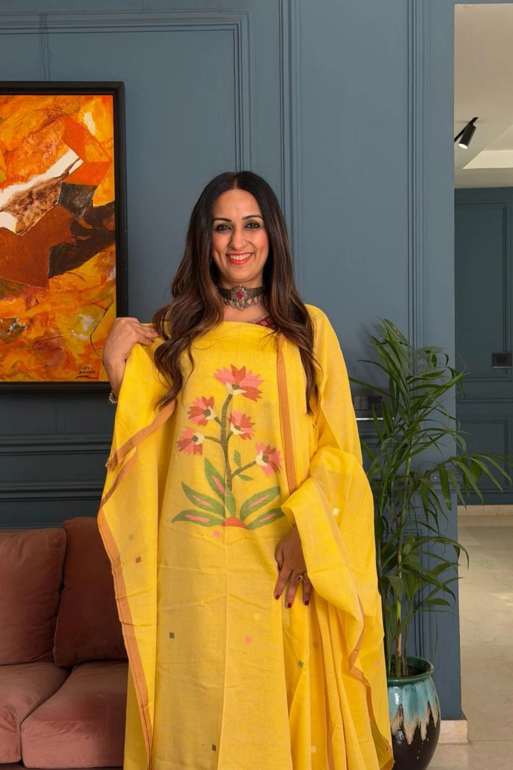 Pure Muga Cotton Jamndani Floral Woven Unstitched Suit - Yellow