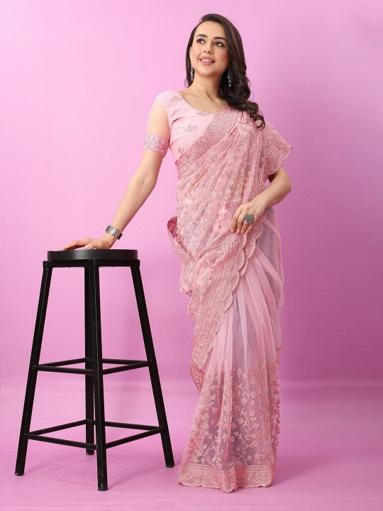 Floral Embroidered Net Saree