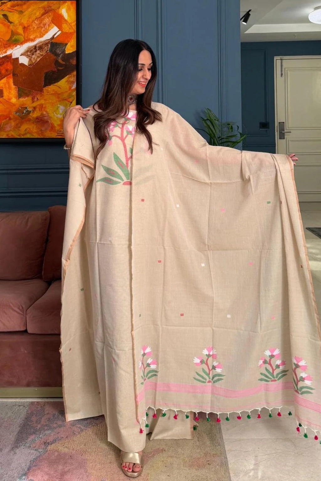 Pure Muga Cotton Jamndani Floral Woven Unstitched Suit - Beige