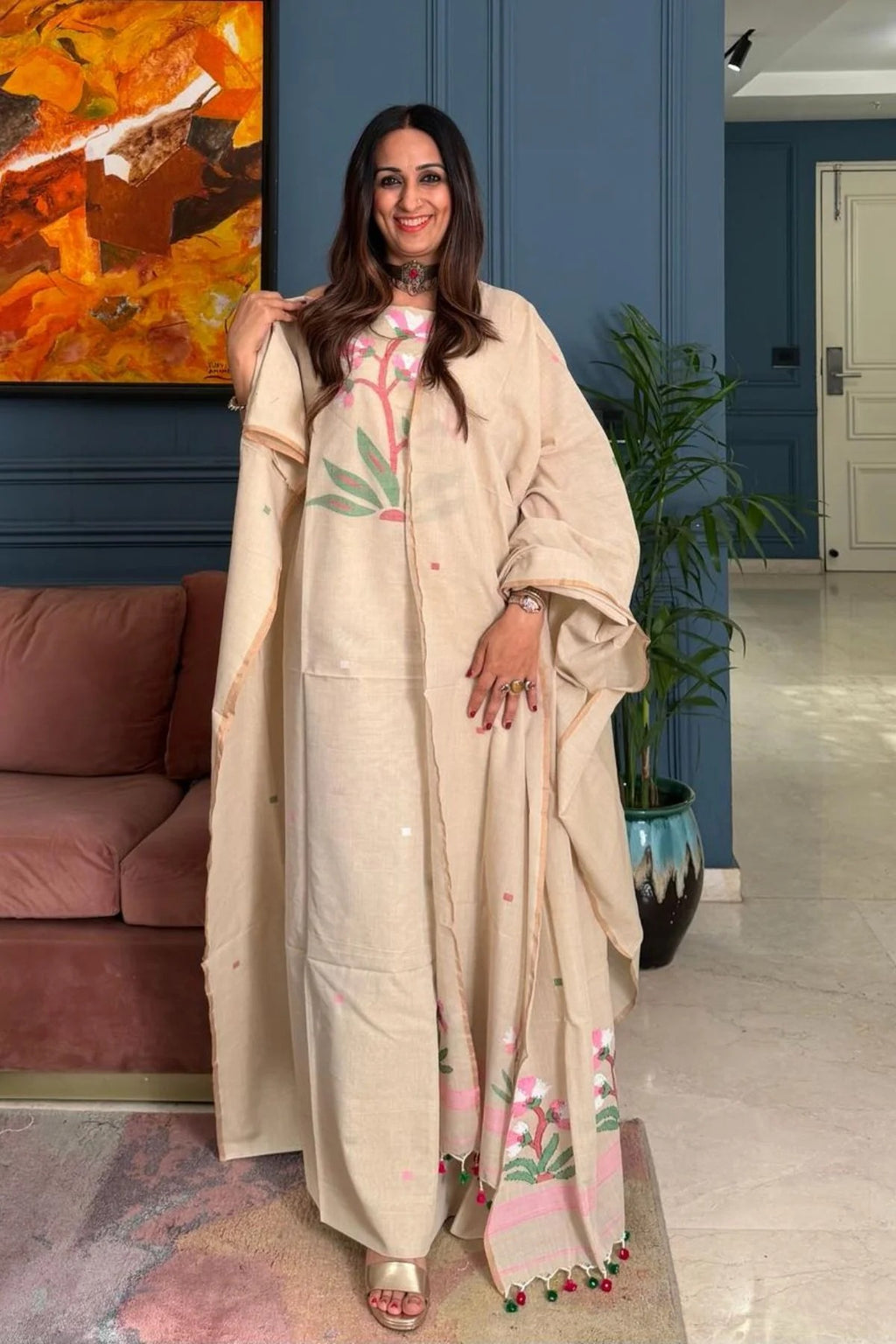 Pure Muga Cotton Jamndani Floral Woven Unstitched Suit - Beige