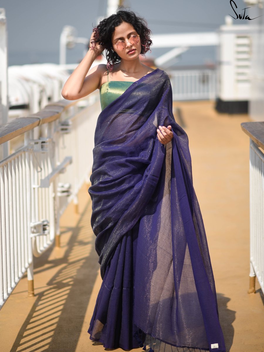 Navy Handloom Cotton Zari Saree With Tassels